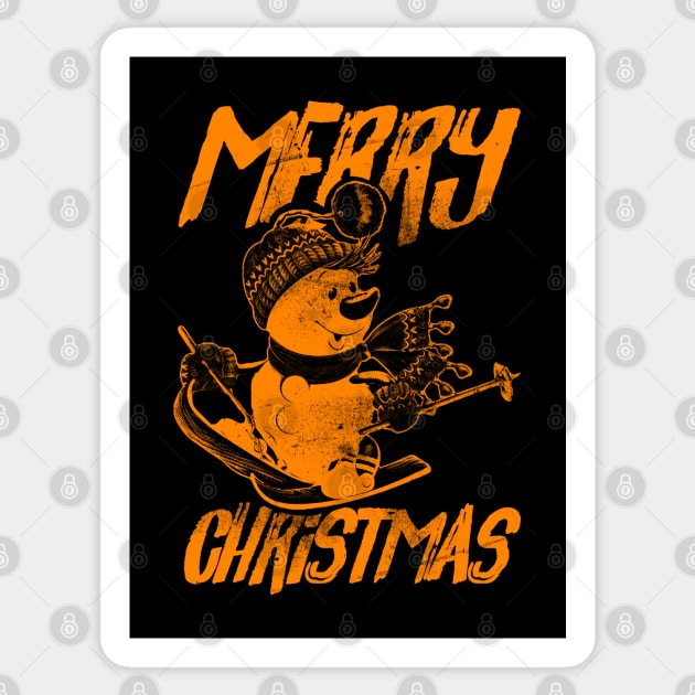 Skiing Snowman - Merry Christmas - Orange Sticker by Tangan Pengharapan
